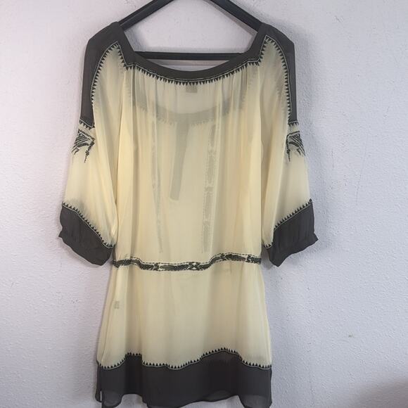 Club Monaco Women Silk Cream and Gray Tie Front 3/4 Sleeve Blouse Size 6 - Picture 4 of 8